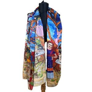 Freida Mi Familia Printed Artsy Scarf Shawl Wrap 74”x 37” “Silk Feel” boho gypsy